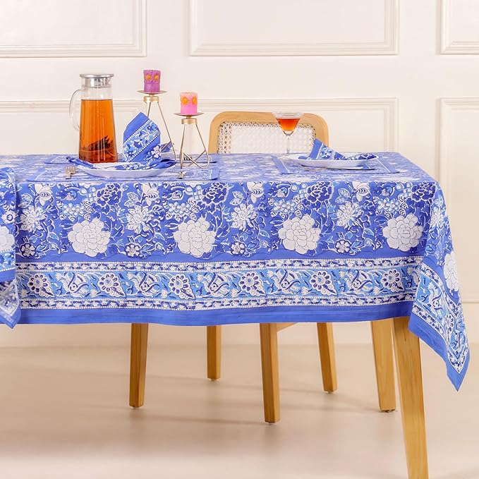 Hand Block Printed Table Cover - Exquisite Design, Premium Cotton Fabric, Perfect for Dining and Decor, Dining Table Linen(Prussian Blue,12 Seater 72 x 135 Inches Rectangle)