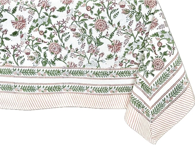 ATOSII Mahoka Rust 100% Cotton Square Fall Tablecloth, Handblock Floral Linen Table Cloth for Kitchen Dining Table I Parties Weddings Outdoors Easter Valentine's Gift I 60 X 90 Inches I 6 Seater
