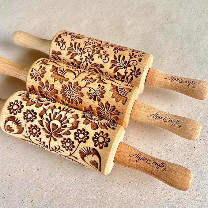 FLOWERS 3 Kid Rolling Pin Set with Damask, Folk and Floral Wreath Patterns. Wooden Laser Cut Mini Rolling Pins for Cookies, Play Dough, Salt Dough or Clay by Algis Crafts