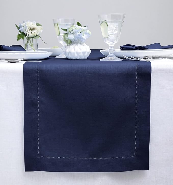 Solino Home Linen Navy Blue Table Runner 144 Inches Long - 100% Pure Linen Extra Long Table Runner 14 x 144 Inch for Easter - Classic Hemstitch