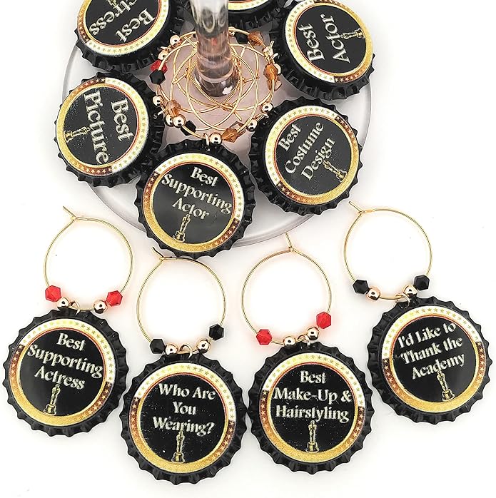 Pixie Oscar Awards Wine Charms, Oscar Party Supplies, Charms For Watch Party, Glass Tag Identifiers, Gifts, Bottle Caps - 10 Pack
