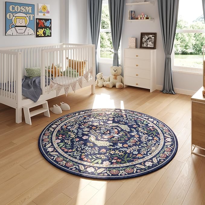 Rugcomf Round Rug 6ft Washable Circle Rug Floral Non Slip Low Pile Small Circular Rug for Bedroom, Bathroom, Entryway, Kids Room, Office(Blue)