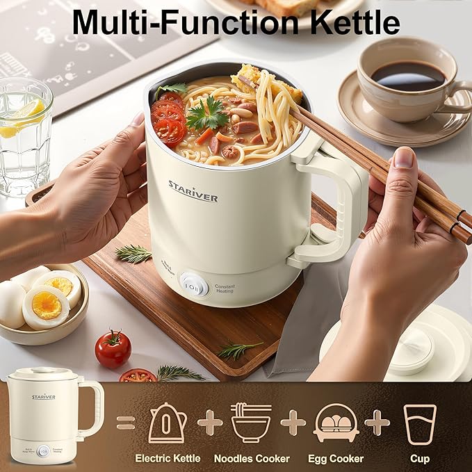 Stariver Portable Travel Kettle, 600ML Small Electric Kettle with Foldable Handle, Food Grade Stainless Steel Collapsible Water Boiler with Dual Modes, Compact Portable Kettle for RV, Camping, Beige
