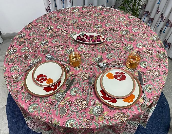 Ridhi Block Print Round Coral Pink & Forest Green Reusable Tablecloth 100% Cotton 110" Inch Decorative Table Cover eveyday Dining, Home, Party, Wedding, Farmhouse Gift for Spring, Easter, Valentine