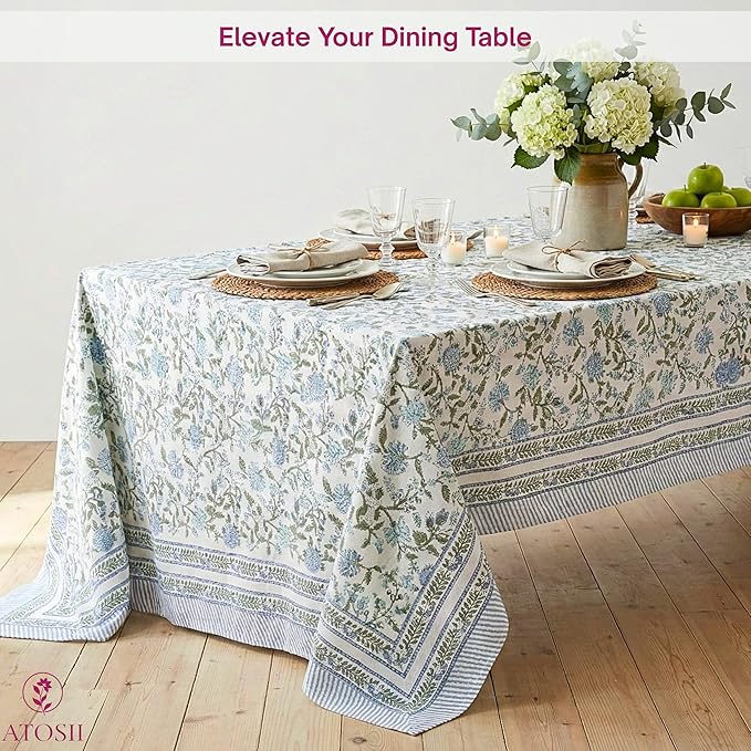 ATOSII Mahoka Blue 100% Cotton Rectangle Summer Tablecloth, Handblock Floral Linen Table Cloth for Kitchen Dining Table I Parties Weddings Outdoors Home Decor 72 X 120 Inches I 10 Seater
