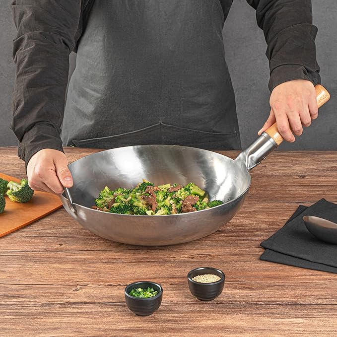 Motomori 14 Inch Hand-Hammered Carbon Steel Wok, 10 Traditional Japanese Wok - Flat Bottom, Wooden Handle, Black Carbon Steel Traditional Stir Fry Pan, With Helper Handle - Restaurantware