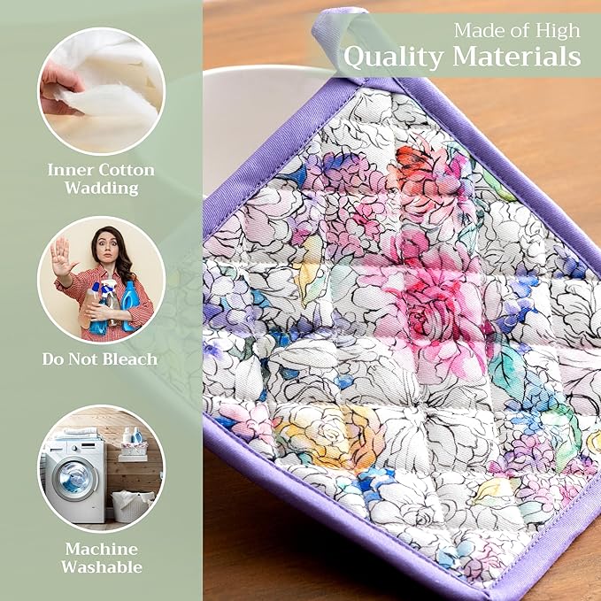 Maison d' Hermine Pot Holders 100% Cotton Heat Resistant Potholders 8" x 8" Hot Pads with Loop BBQ, Cooking, Baking, Grilling, Kitchen, Handling Hot Pans Spring/Summer (Pack of 1, Floral Love)