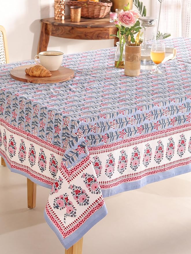 Hand Block Printed Table Cover - Exquisite Design, Premium Cotton Fabric, Perfect for Dining and Decor, Dining Table Linen (Gray Petal Glow, 8 Seater 72 x 108 Inches Rectangle)