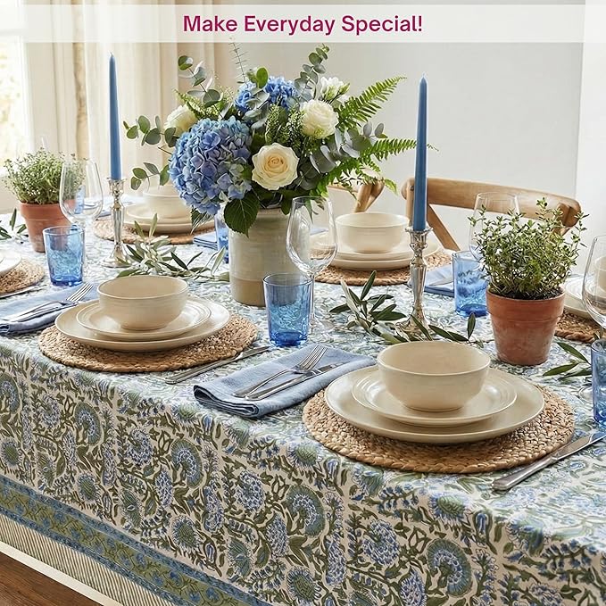 ATOSII Clover Blue 100% Cotton Rectangle Fall Tablecloth, Handblock Floral Linen Table Cloth for Kitchen Dining Table I Parties Christmas Thanksgiving I Fall Home Decor 60 X 108 Inches I 8 Seater
