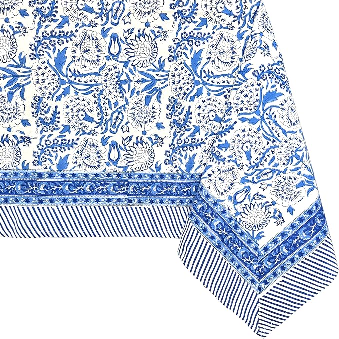 ATOSII Indigo Bloom 100% Cotton Rectangle Summer Tablecloth, Handblock Floral Print Linen Table Cloth for Kitchen Dining I Parties, Weddings, Outdoors, 60 X 108 Inches I 8 Seater
