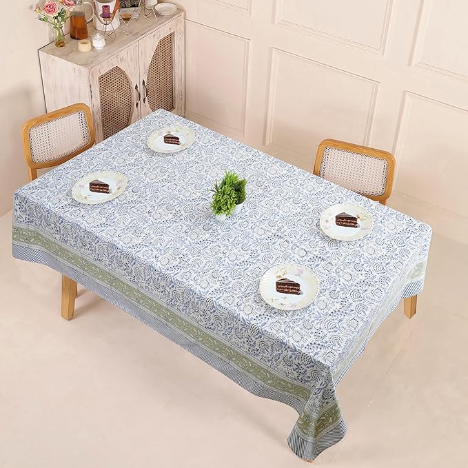 Handblock Print Cotton Tablecloth – 72x108 Rectangular Table Cover Seats 6–8 – Indian Block Printed Floral Dining Table Linen – Boho Washable Cloth for Kitchen, Party, Outdoor, Soft Blue
