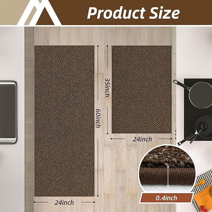 COSY HOMEER Kitchen Rugs Non Slip Washable 24"x36"+24"x60" Absorbent Kitchen Mats for Floor Stain Resistant Kitchen Runner Rug Sets of 2 Kitchen Floor Mats for Sink,Brown
