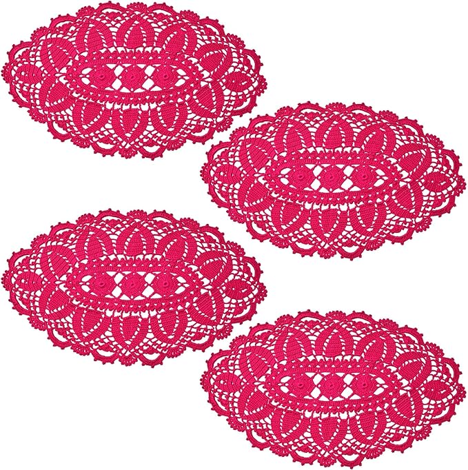 BIBITIME Lace Tablecloth Doily Handmade Crochet Placemat Women Vase Mat Kitchen Table Runner (4PCS- 12 x 22 in, Rose)