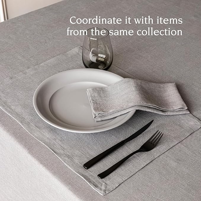 Over&Back 100%-Linen Woven Tablecloth - Colorful Dining Room Table Cover - Mitered Corner Hems - Machine Washable - Kitchen and Home Decor - Grey - 70x90