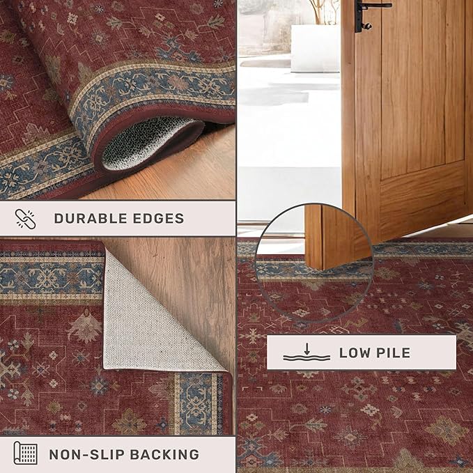 6x8 Dining Room Rugs for Under Table - Vintage Burgundy Boho Living Room Rug, Machine Washable Foldable Carpet,Southwestern Bed Room Décor Aesthetic