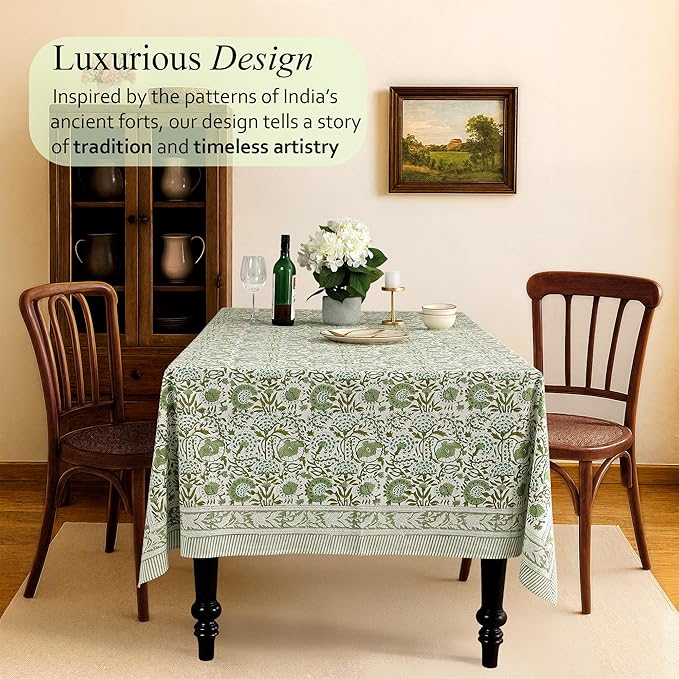 CPC Tablecloth 100% Cotton 70x118 Inch Indian Block Print Rectangle Table Cover, Table Cloth for Weddings, Spring/Summer, Barbeque -Agate Green