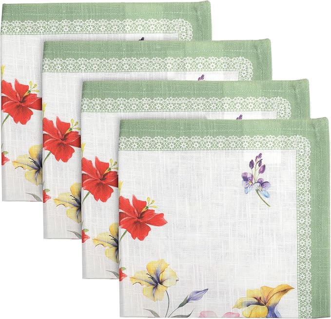 Vintage Vista Cotton Cloth Napkins Set of 4 (17" x 17") - Digital Printed Table Napkins Cloth Washable & Reusable for Everyday Use, Christmas, Thanksgiving, Halloween & More - (Red Flowers)