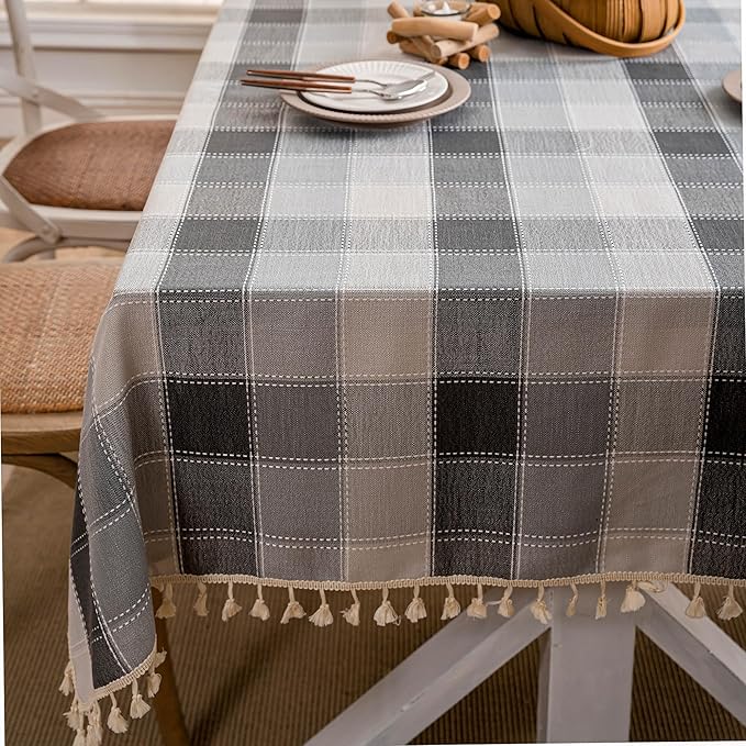 Neelvin Rustic Rectangle Checkerboard Burlap Thick Tablecloth Cotton Linen Table Linens Tablecloths Waterproof Wrinkle Free Table Cover for Kitchen Dinningg,55"x102",10-12 Seats