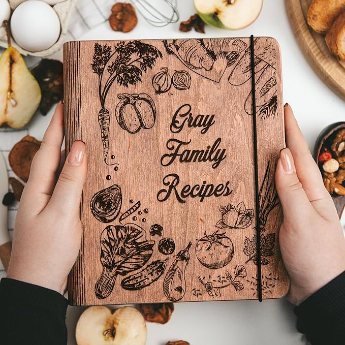 ENJOY THE WOOD Personalized Recipe Book Binder - Wooden Blank Family Cookbook Journal to Write in Your Own Recipes - Customized Recipe Binder, Recipe Books to Write in, Hardcover (Large (A4), Peppers)
