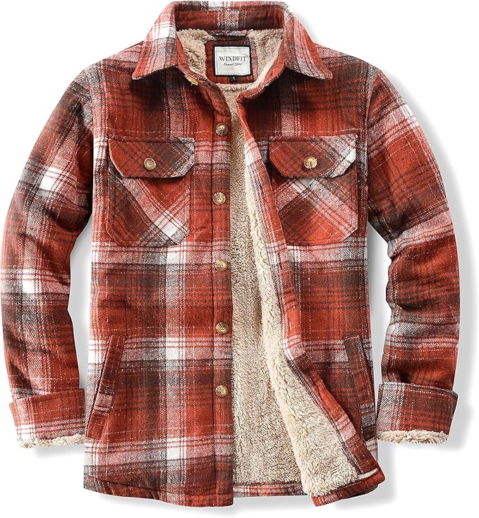 Men's Cotton Sherpa Lined Button Down Flannel Shirt Jacket Plaid Soft Outdoor Flannel Jacket Shirt