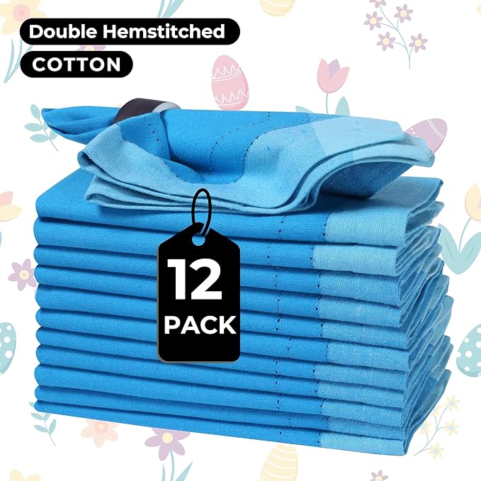 Homidate Cotton Cloth Napkins Set of 12 – 20x20 Blue Multi Double Hemstitched – Machine Washable Dinner Napkins for Weddings, Parties & Father’s Day Celebrations