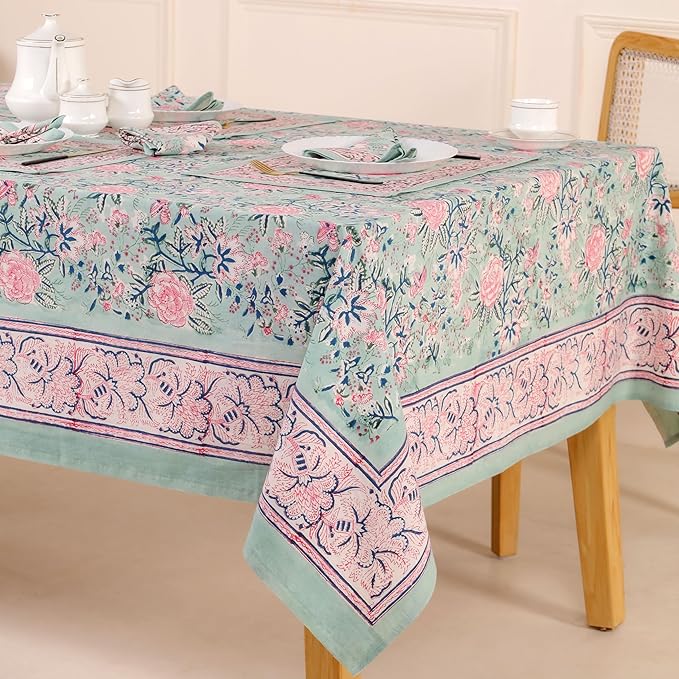Hand Block Printed Table Cover - Exquisite Design, Premium Cotton Fabric, Perfect for Dining and Decor, Dining Table Linen(Mint Green,10 Seater 72 x 118 Inches Rectangle)