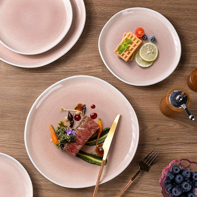 AmorArc Ceramic Dinnerware Sets,Handmade Reactive Glaze Stoneware Plates and Bowls Sets,Highly Scratch Resistant | Dishwasher & Microwave Safe Dishes Set,Service for 6 (18pc)-Pink