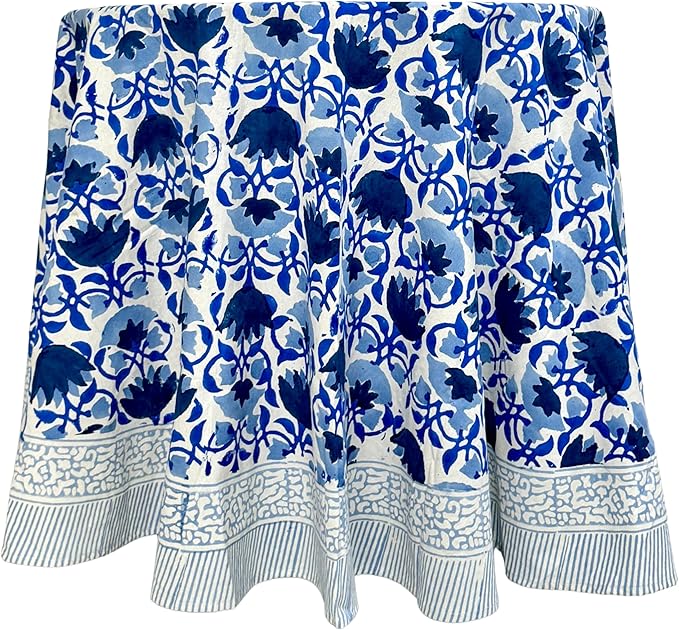 ATOSII Positano Blue 100% Cotton Round Boho Spring Summer Tablecloth, Handblock Floral Table Cloth Linen for Kitchen Dining I Parties Weddings Outdoors Grand Millennial I 60" Inches Round I 4 Seater
