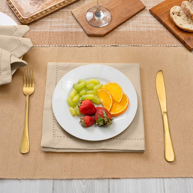 Blue Needles Set of 12 Hemstitch Linen Napkins 100% Cotton Beige Cloth Dinner Napkins 18x18 inches, Soft, Reusable, Absorbent, Washable, Ideal for Wedding Events, Parties & Everyday Use