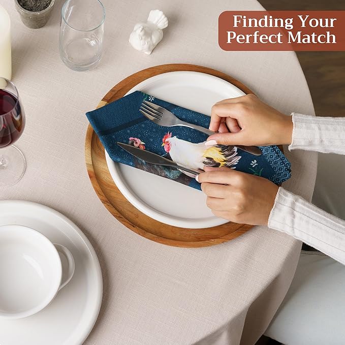 Maison d' Hermine Cloth Napkins Set of 4 100% Cotton Everyday Reusable Square Napkins Cloth Washable Dinner Party Wedding Restaurant Valentines Day Decorations Spring/Summer(Meadow Rooster, 18" x 18")