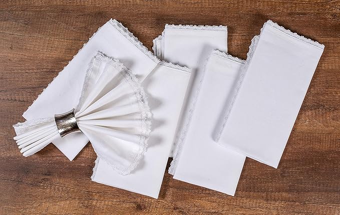 Lightnpro Set of 12 Cloth Dinner Napkins with Beautiful Lace - Cotton, Soft & Durable, Washable - Ideal for Weddings, Spring, Summer, Easter, and Everyday Use - 18x18 Inch White