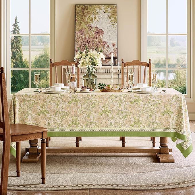 French Linen Tablecloth Rectangular, Vintage Floral Table Cloth, Waterproof Table Cover for Picnic Dining Party Wedding, Sage Green, 63x106''
