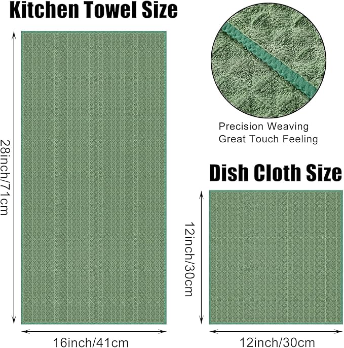 Homaxy Microfiber Waffle Weave Kitchen Towels Set, 16 x 28 Inch and 12 x 12 Inch Ultra Absorbent and Solid Color Dish Towels, 12 Pack, Grass Green