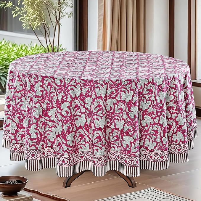 Ridhi Block Print Round Deep Pruce Red Reusable Tablecloth 100% Cotton 110" Inch Decorative Table Cover eveyday Dining, Home, Party, Wedding, Farmhouse Gift for Spring, Easter, Valentine