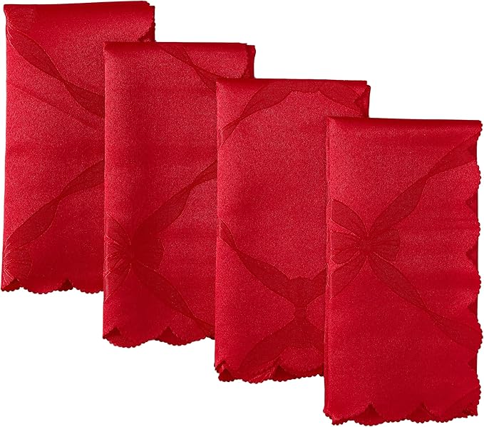 Newbridge Valentines Day Square Napkin, Set of 4 Napkins, Ribbons and Bows Damask, Wrinkle and Stain Resistant Square Napkins, Holiday Red