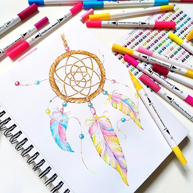 Ohuhu Markers for Adult Coloring Books No Bleeding 160 Colors Coloring Markers Water-based Dual Tips Fineliner & Brush Drawing Pens Art Pens for Kids Adults Sketch Journal - Maui - White