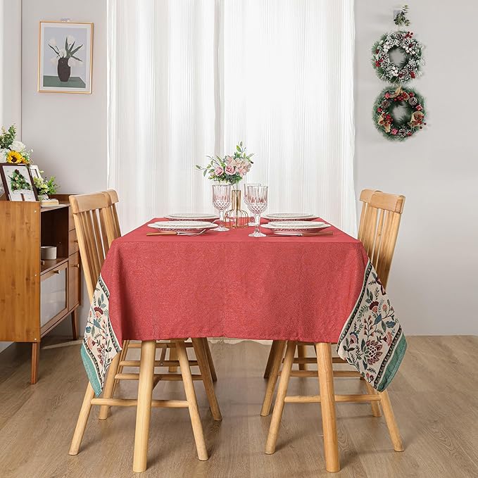 Dimatic Heavyweight Cotton Linen Square Tablecloth for Kitchen, Dining Table, Camping, Party Holiday Decoration Table Cover, Botanical Pattern Red 55 x 102 Inches