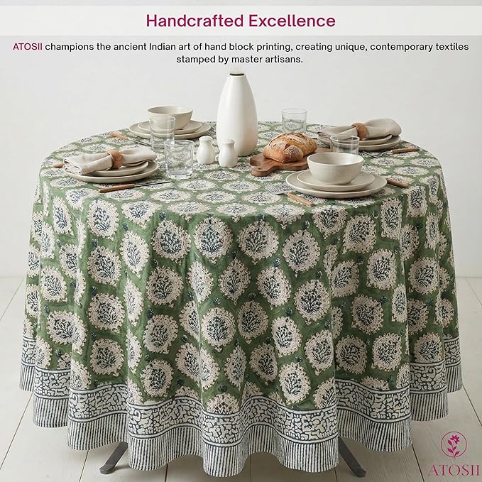 ATOSII Kari Green 100% Cotton Round Tablecloth, Handblock Print Floral Table Cloth for Kitchen Dining Linen I Parties, Weddings, Outdoors, Easter, Spring Summer Decor I 60" Inches Round