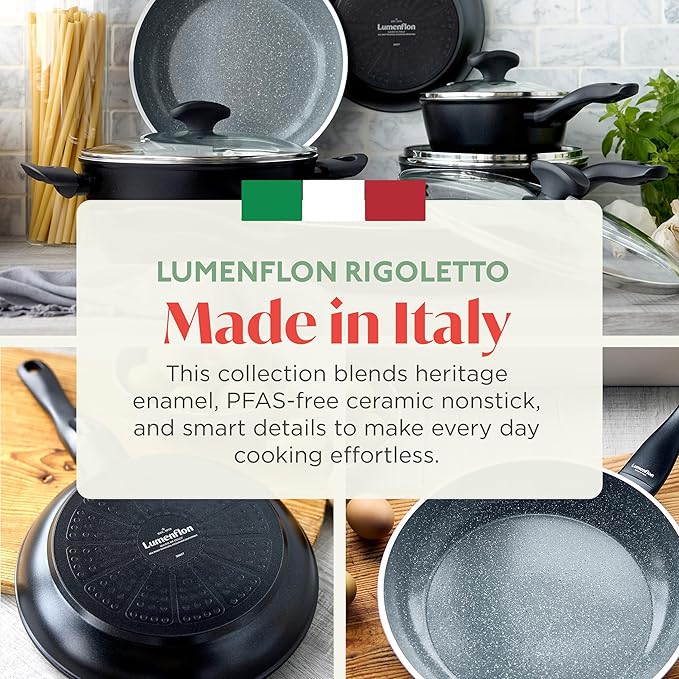 Rigoletto 8” Nonstick Frying Pan Skillet, Made in Italy, Layered Ceramic PFAS-Free Surface, Induction Ready, Dishwasher & Metal Utensil Safe, Granite Finish, Stay-Cool Handle, Black