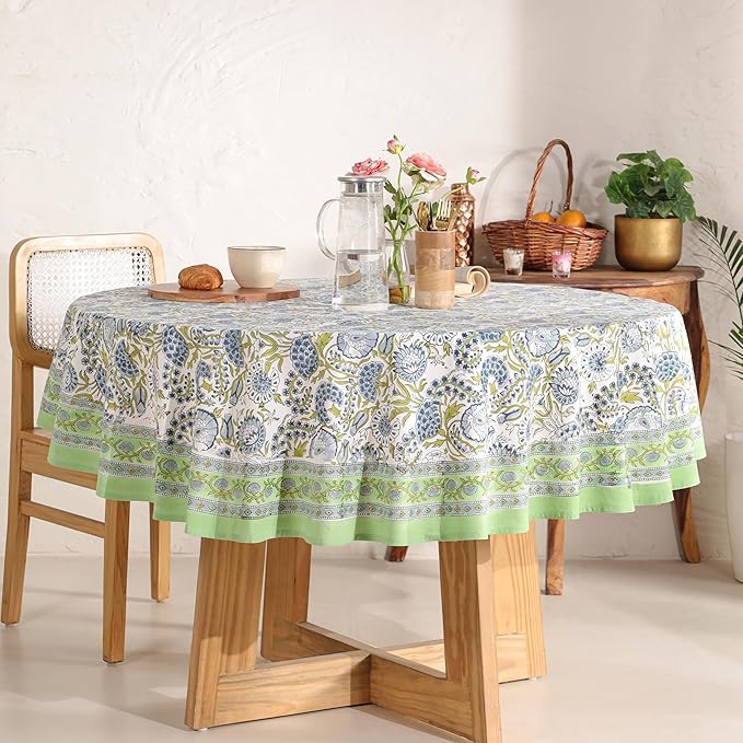Hand Block Printed Table Cover - Exquisite Design, Premium Cotton Fabric, Perfect for Dining and Decor, Dining Table Linen(Moss Green,6 Seater 72 Inches Round)