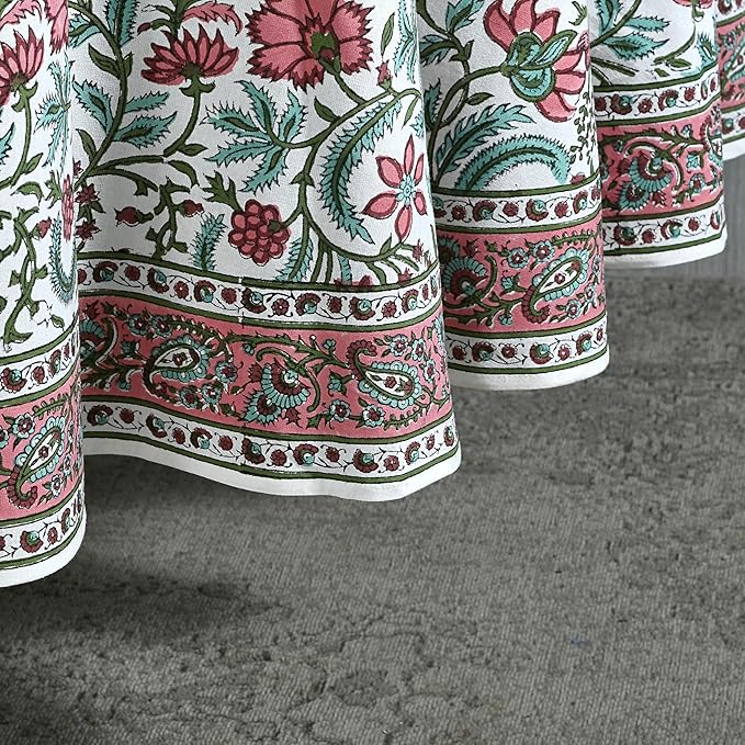 Ridhi Block Print Round Tulip Pink Reusable Tablecloth 100% Cotton 60" Inch Decorative Table Cover eveyday Dining, Home, Party, Wedding, Farmhouse Gift for Spring, Easter, Valentine