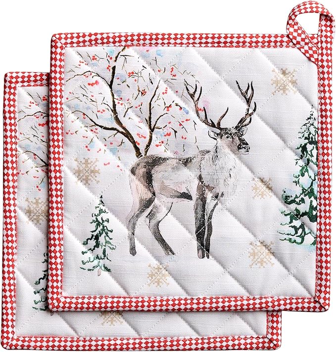 Maison d' Hermine Pot Holders Set 100% Cotton Heat Resistant Potholders 8" x 8" Hot Pads with Loop for Thanksgiving Christmas Decorations BBQ Baking Handling Hot Pans (Pack of 2, Rural Christmas)