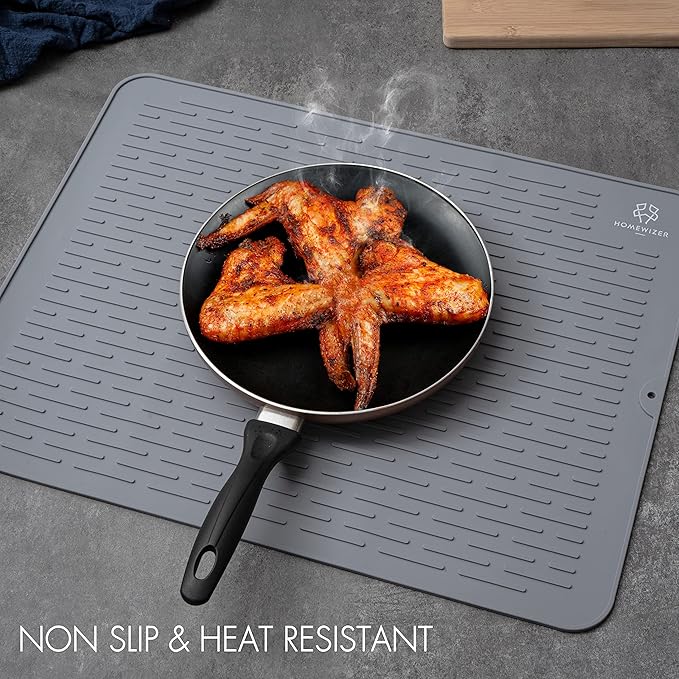 Silicone Dish Drying Mat for Kitchen Counter, Extra Large, 23” x 18” Heat Resistant, Non-Slip Design, Quick Dry, Easy Clean, Raised Edge Holds Water, BPA Free, Food Grade Silicone- Gray