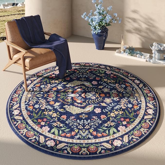 Rugcomf Round Rug 4ft Washable Circle Rug Floral Non Slip Low Pile Small Circular Rug for Bedroom, Bathroom, Entryway, Kids Room, Office(Blue)