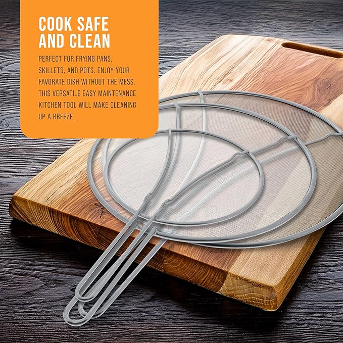 U.S. Kitchen Supply Set of 3 Stainless Steel Splatter Screen - 13", 11.5" & 9.5" Sizes - Fine Mesh Splatter Screen with Resting Feet Set, Grease Guard for Kitchen Pots and Pans