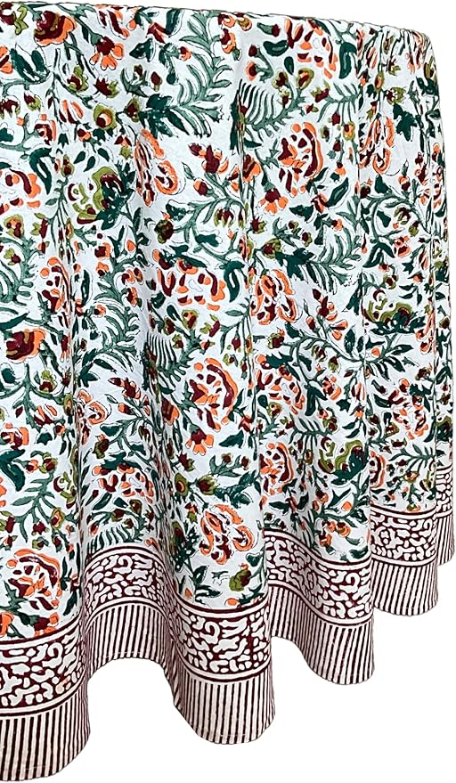 ATOSII Ambrosia Green 100% Cotton Round Tablecloth, Handblock Print Floral Table Cloth for Kitchen Dining Linen I Weddings, Outdoors, Thanksgiving, Christmas I Fall Home Decor I 72" Inches Round