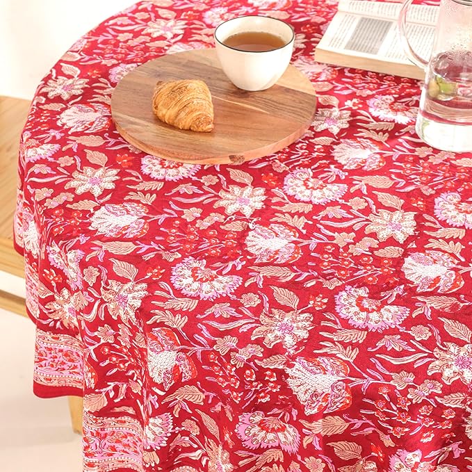 Hand Block Printed Table Cover - Exquisite Design, Premium Cotton Fabric, Perfect for Dining and Decor, Dining Table Linen(Cherry Red,6 Seater 72 Inches Round)