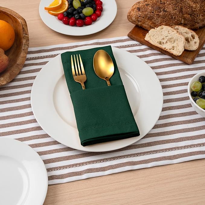 Blue Needles Set of 6 Hemstitch Linen Napkins 100% Cotton Forest Green Cloth Dinner Napkins 18x18 inches, Soft, Reusable, Absorbent, Washable, Ideal for Wedding Events, Parties & Everyday Use