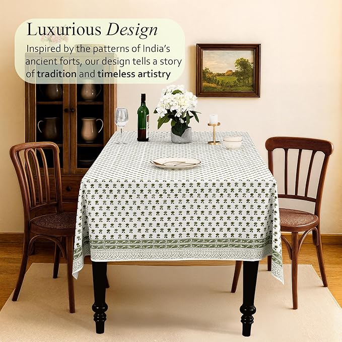 CPC Lotus Meadow Tablecloth 100% Cotton 72x160 Inch Indian Block Print Rectangle Table Cover, Table Cloth for Gifting in Weddings, Halloween, Fall, Christmas, Thanksgiving