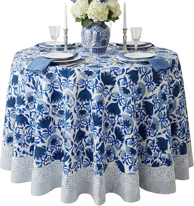 ATOSII Cotton Tablecloth 90" Inches Round Positano Blue